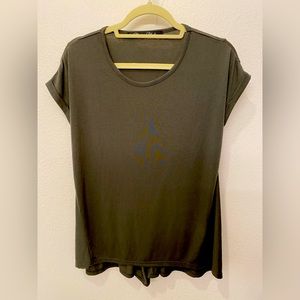 Soft bias cut dark olive t-shirt with back button detail